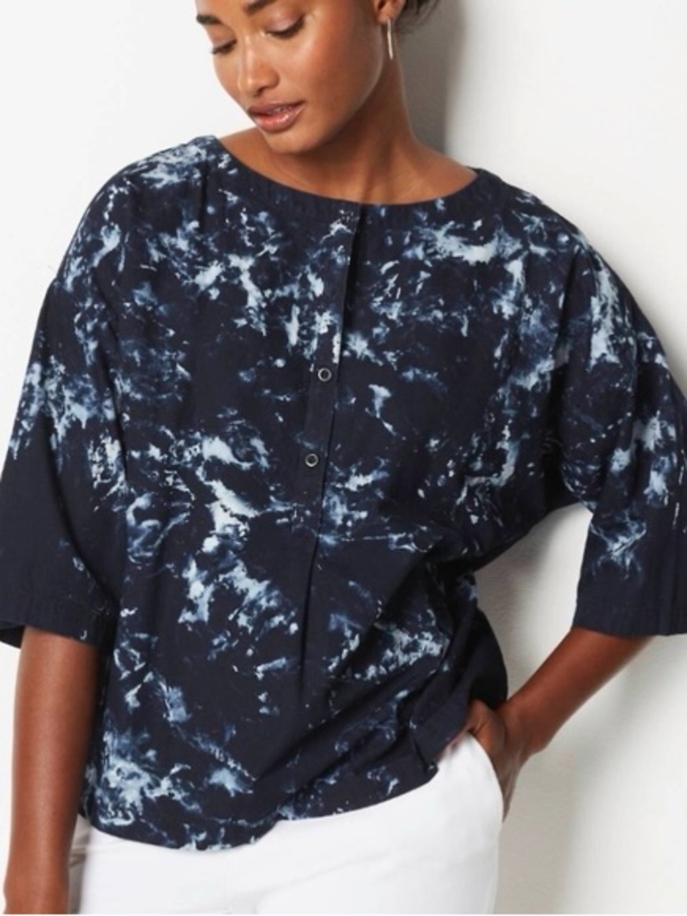 Pure Jill Indigo 100% Cotton Women's Navy Marble-Print Button-Front Blouse
